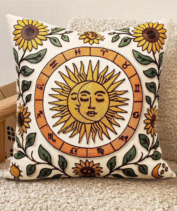 Embroidered Throw Pillow Cover 20x20 Inch, Sunflower Moon | Decorative Pillow Cover, Farmhouse Boho Cushion Case with Hidden Zipper, Autumn Decor for Couch, Sofa, Living Room, Bedroom