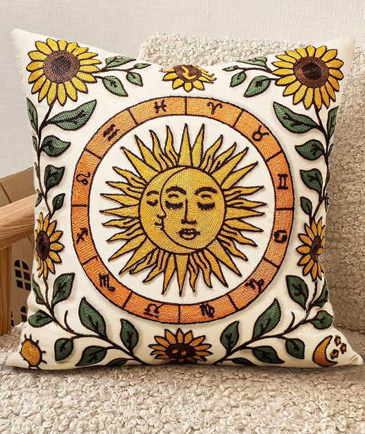 Embroidered Throw Pillow Cover 20x20 Inch, Sunflower Moon | Decorative Pillow Cover, Farmhouse Boho Cushion Case with Hidden Zipper, Autumn Decor for Couch, Sofa, Living Room, Bedroom