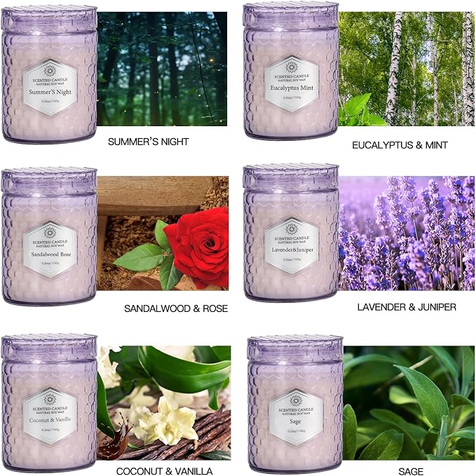 Candles for Home Scented, Purple Jar, 6 Pack | Natural Soy Wax, Cotton Wick, 33Oz, 240 Hrs Burning Time, Reusable Décor, Aromatherapy Gift Set for Women Home & Office