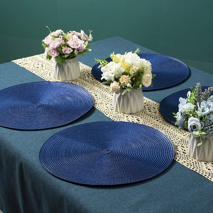 AHHFSMEI Round Placemats Set of 6 Heat Resistant Washable Non-Slip Woven Braided Table Mats for Dining Table Kitchen & Home Decor (Navy Blue)
