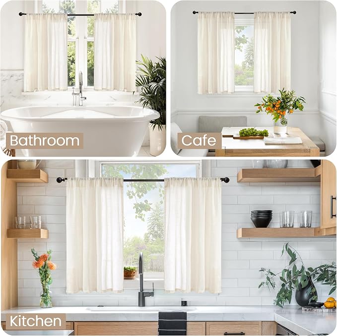 BGment Short Beige Linen Semi Sheer Curtains 30 Inch Length for Windows, Small Drapes Lightweight Rustic Textured for Bathroom Over Sink Cafe Decor Rod Pocket, 2 Panels Set, 30 Inch Wide