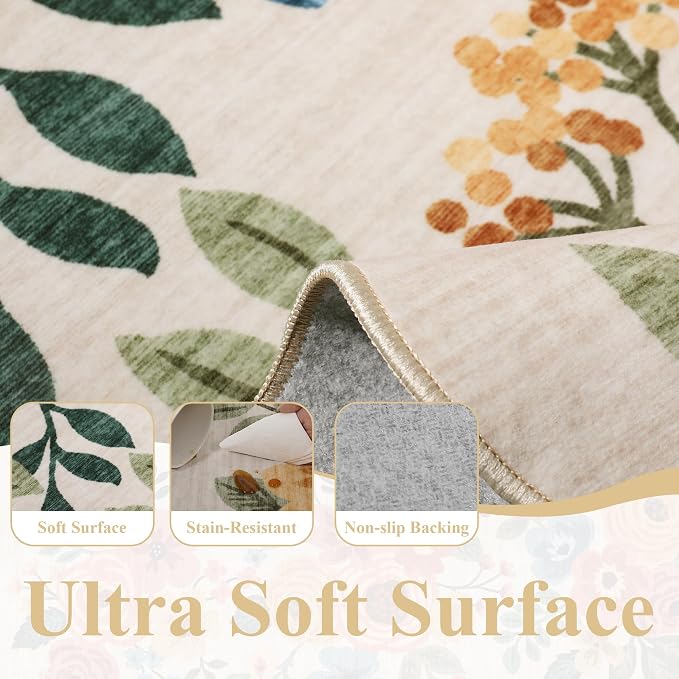 DUKINO 2x3 Rug for Entryway, Floral Door Mat Washable Rug, Beige Yellow | Non Slip, Low Pile, Soft Small Rugs for Kitchen, Entrance, Bedroom, Bathroom, Laundry, Pet Friendly, Non-Shedding, Home Decor