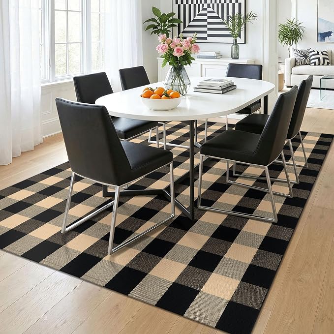 KOZYFLY Buffalo Plaid Area Rug 5x7 ft Living Room Rug, Brown and Black | Washable Checkered Rugs, Cotton Bedroom Rug, Woven Dining Room Rug, Indoor Outdoor Carpet for Farmhouse Patio Front Porch