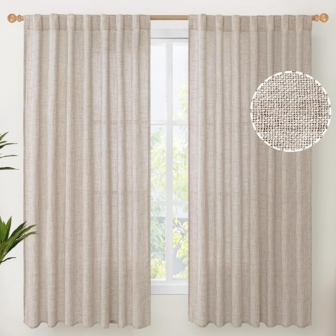 YoungsTex Natural Linen Curtains 60x63 Inch Length for Living Room 2 Panels | Semi Sheer Drapes Rustic for Bedroom Window Light Filtering Rod Pocket Back Tab