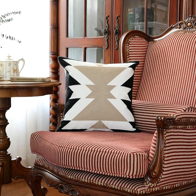 IKATYARN Black White Coffee Aztec Embroidery Throw Pillow Cover,Boho Tribal Geometric Pillowcase, Modern Farmhouse Brown Cushion Case for Couch Sofa Bed, 16"x16"