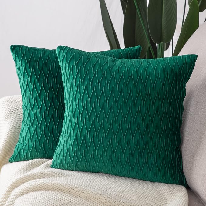 MADIZZ Set of 2 Super Soft Velvet Decorative Throw Pillow Covers 24x24 inch Green Square with Texture Luxury Style Cushion Case European Pillow Shell for Sofa Bedroom