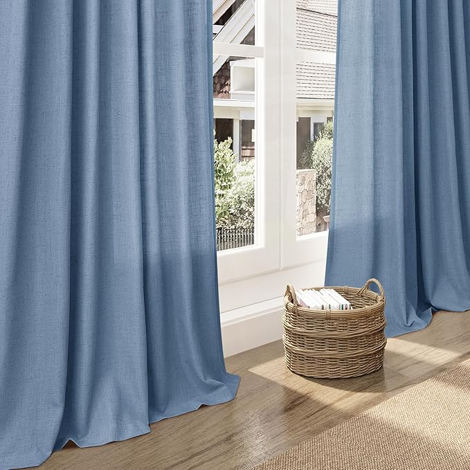 Stone Blue Linen Curtains 120 Inch Extra Long for Living Room Back Tab Light Filtering Semi Sheer Drapes Modern Farmhouse Boho Textured Curtain for Floor to Ceiling High Window 52x120,2 Panels