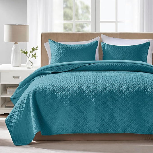 FLYMME Quilts King Size,Lightweight Teal Bedspreads,Basket Weave Pattern,Ultra Soft Microfiber Bed Coverlet 3 Pieces for All-Seasons (1 Quilt,2 Pillow Shams)