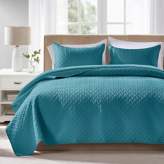 FLYMME Quilts Queen Size,Lightweight Teal Bedspreads,Basket Weave Pattern,Ultra Soft Microfiber Bed Coverlet 3 Pieces for All-Seasons (1 Quilt,2 Shams)