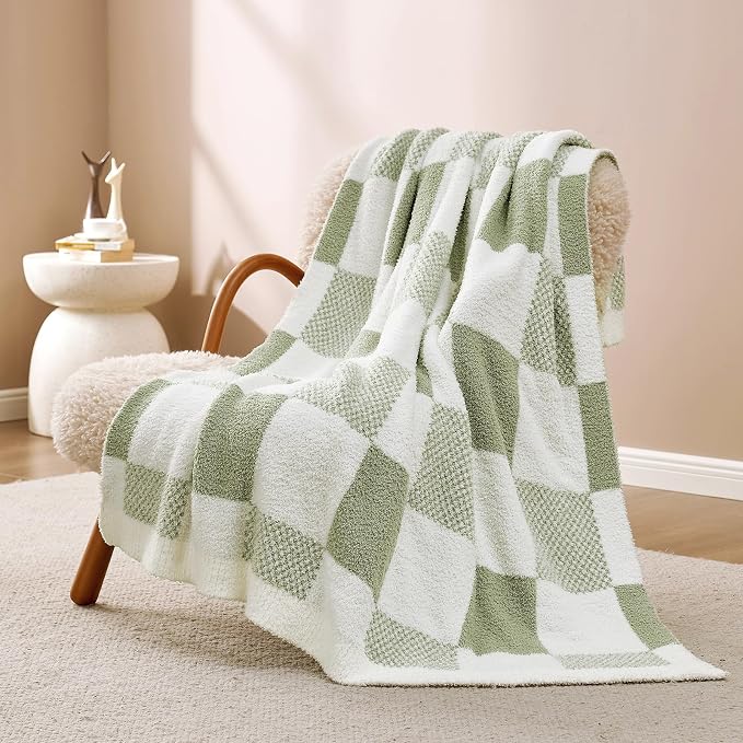 Snuggle Sac Checkered Blanket, Sage Green Throw Blanket for Couch Plaid Microfiber Fluffy Warm Cozy Fuzzy Soft Throw Blanket Reversible Checker Blankets for Sofa, Chair, Bed, 60x80 inches