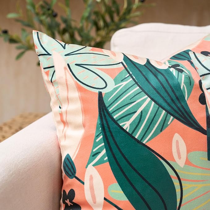 Tyrot Boho Floral Velvet Throw Pillow Covers 18x18 Inch Set of 2 Farmhouse Cushion Covers Mid Century Modern Botanical Home Decor Accent Pillow Cases for Couch Bed Sofa Living Room, Bedroom, Coral