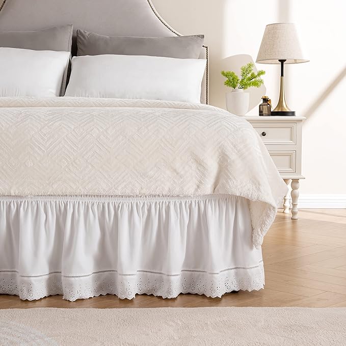 MIYE Wrap Around Ruffled Lace Bed Skirt, Elastic Dust Ruffle with Adjustable Belts, Easy to Put On, Bed Frame Cover, Machine Washable (Embroidered/White, Full/Twin-15 Drop)