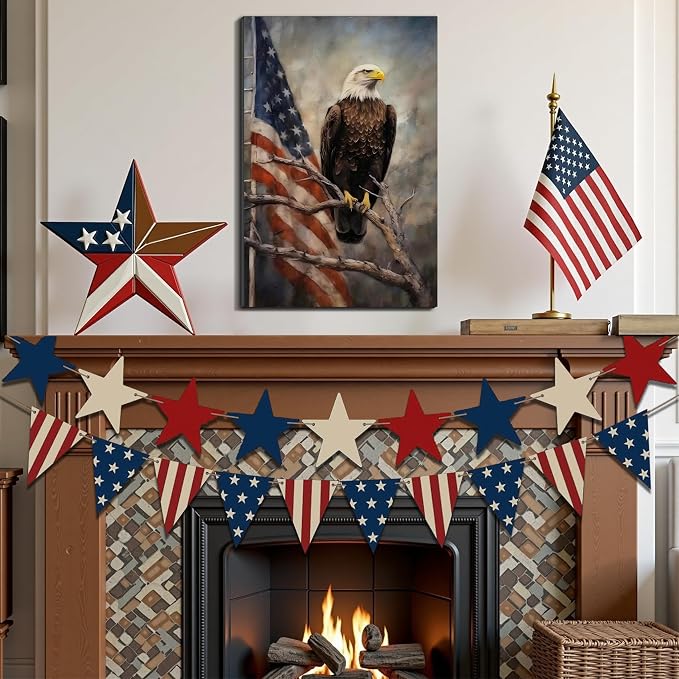 Framed Bald Eagle American Flag Wall Art, Patriotic Rustic Canvas Art Pictures, USA Eagle Wall Decor, Made in USA Ready to Hang for Office Man Cave Living Room