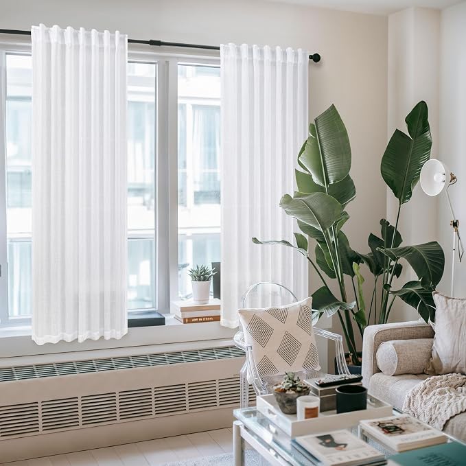 Pitalk White Curtains 38 Inch Wide for Windows 2 Panels Back Tab Loops Rod Pocket Light Diffusing Semi Sheer Linen Curtains for Bedroom Living Room Closet Doors Doorway 38 Inch Width by 63 Inch Length