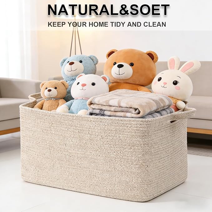 96L Woven Laundry Basket with Handles, Extra Blanket Basket,Brown | 24"×16"×15" Collapsible Cotton Rope Storage Basket for Toys Clothes & Pillows, Nursery, Bathroom, Bedroom, Living Room