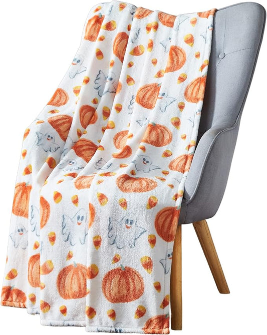 Halloween Ghost Fleece Throw Blanket, Cute Ghosts & Pumpkins, 50x70 XL size | Ultra-soft cozy flannel fleece, for sofa bed couch chair & dorms, spooky Halloween décor, durable and machine washable.