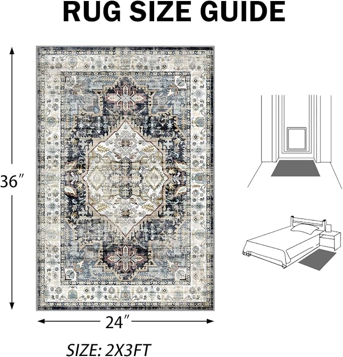 AooHHooA 2x3 Washable Entryway Rug Blue, Soft Stain Resistant 2x3 Boho Rug Vintage Small Rugs for Entryway, Low Pile Lightweight Non-Slip Indoor Door Mat Small Rugs for Bedroom Bathroom