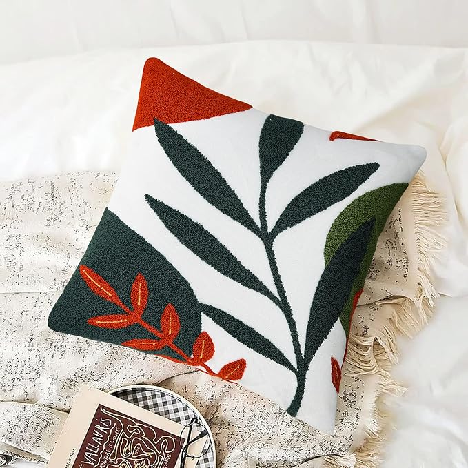 Merrycolor Boho Decorative Throw Pillow Covers 18x18 Tufted Abstract Mid Century Modern Pillow Covers Aesthetic Boho Pillows Decorative Pillows for Bed Couch Sofa Living Room Dark Green Orange(B)