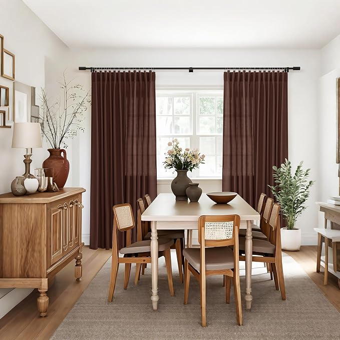 Jowels Rustic Brown Linen Curtains 84 Inch Long 2 Panels for Living Room | Light Filtering Semi Sheer Curtain, Back Tab Pocket Pleated Look, Boho Farmhouse Textured Privacy Drapes for Bedroom Window