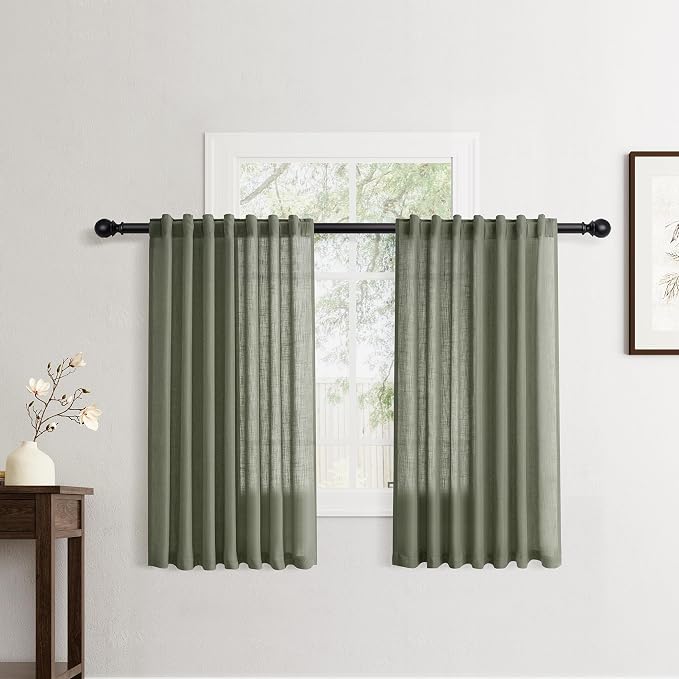 Jowels Olive Green Linen Curtains 48 Inch Long 2 Panels for Living Room | Loden Light Filtering Semi Sheer Curtain, Back Tab Pocket Pleated Look,Farmhouse Textured Privacy Drapes for Bedroom Window