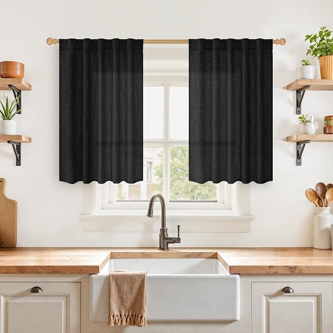 YoungsTex Black Linen Curtains 36 Inch Long for Kitchen 2 Panels, Light Filtering Semi Sheer Drapes Short Length with Back Tab Rod Pocket Gothic Decorative Privacy for Bathroom Cafe, 42 X 36 Inch