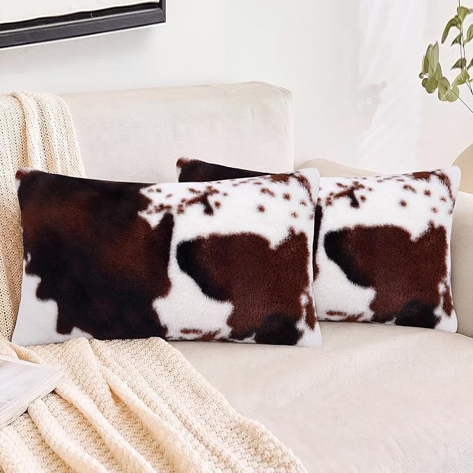 cygnus Cow Print Lumbar Pillow Covers 12x20 inch | Fluffy Fuzzy ，Decorative Square Faux Fur Throw Pillows， for Couch Sofa Living Room Bedroom Decor