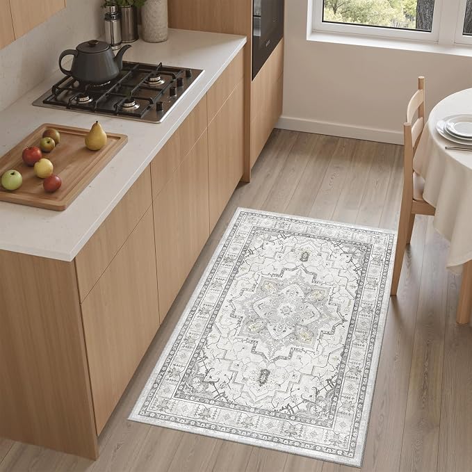 Madane Washable Area Rug 2x3 Small Entryway Rugs Non-Slip, Grey | Vintage Stain-Resistant Door Mat Indoor Entrance, Low Pile Floor Carpet for Inside Front Bedroom Kitchen Entry Laundry, Stair