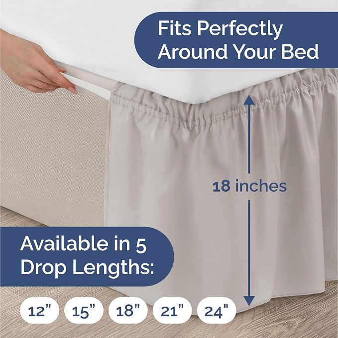 Wrap Around Dust Ruffle Bed Skirt, Full Size - 18 Inch Drop, Light Grey | Easy Fit Elastic Strap, Adjustable Pleated Bedskirt w/Brushed Fabric, Wrinkle & Fade Free, for Women, Men, Kids & Teens