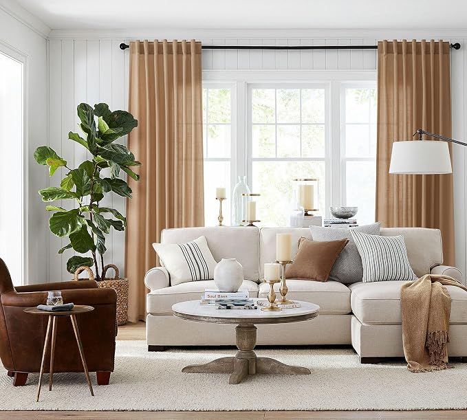 Jowels Camel Linen Curtains 84 Inch Long 2 Panels for Living Room | Light Filtering Semi Sheer Curtain, Back Tab Pocket Pleated Look, Boho Farmhouse Textured Privacy Drapes for Bedroom Window