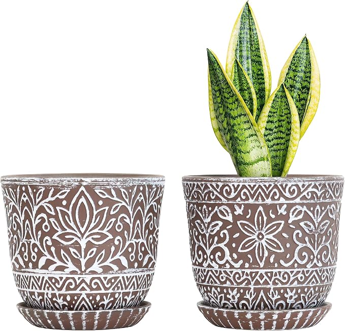 Gepege Ceramic Plant Pots, 6 Inch Indoor Planters with Drainage & Saucers | Ceramic pots for plants with drainage holes, ceramic saucers and mesh pads, ideal for flowers, herbs and succulents, set of 2