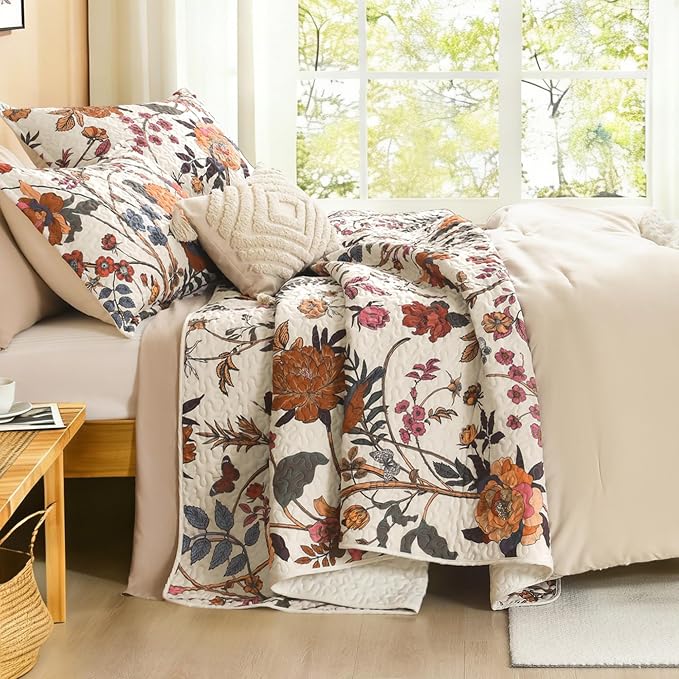 Litanika Floral Light Beige Quilt Queen - 3Pcs Botanical Birds Bedding Set | Bedspread Summer Lightweight Soft Coverlet with Blue Flower for All Seasons (96"x90")