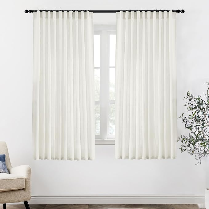 XTMYI 70 x 63 Inch Length Living Room Curtains,Linen Short Wide Bay Window Curtains for Bedroom,Set of 2 Panels,70x63 in Long,Cream Ivory