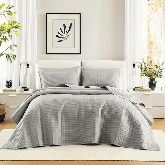Comfort Spaces Oversized Bedspread King Quilt Set 3 Piece 120 x 118" Grey | Coverlet for Summer Soft Cozy Lightweight All Season Quilted Extra Layer with Matching Sham, Bedroom Decor OEKO-TEX Certified