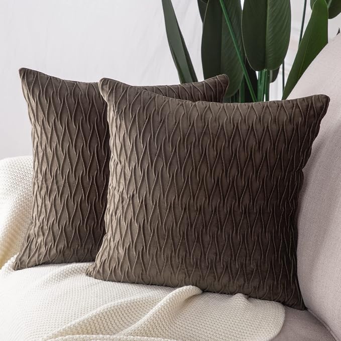 MADIZZ Set of 2 Super Soft Velvet Decorative Throw Pillow Covers 16x16 inch Brown Square with Texture Luxury Style Cushion Case Pillow Shell for Sofa Bedroom