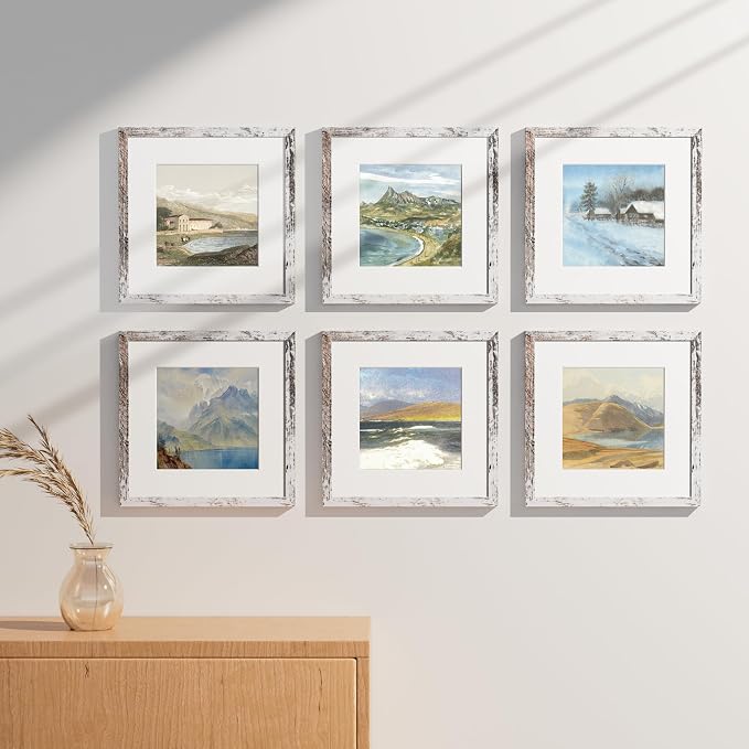 Vittanly 12x12 Picture Frames Set of 9 for Wall Mounting, Distressed White | Display Pictures 8x8 with Mat or 12x12 without Mat for Wall Mounting, Square Photo Frames for Home Decor, Engineered Wood