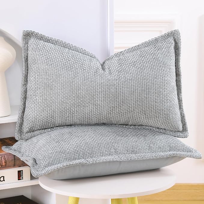 MADIZZ Decorative Chenille Velvet Throw Pillow Covers Set of 2 Soft Boho Textured Neutral Couch Throw Pillow for Bed Modern Farmhouse Home Decor for Sofa Livingroom Grey 12x20 Inch