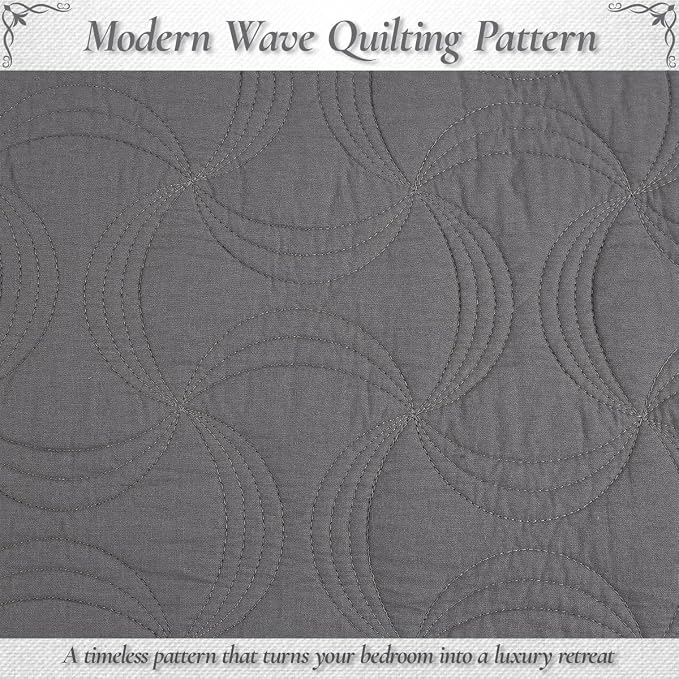 Cozy Line Home Fashions Charcoal Gray Cotton Quilt Set – 3-Piece Solid Textured Quilted Bedspread with Shams, Lightweight All Season Modern Bedding (Geometric - Gray, Queen - 3 piece)