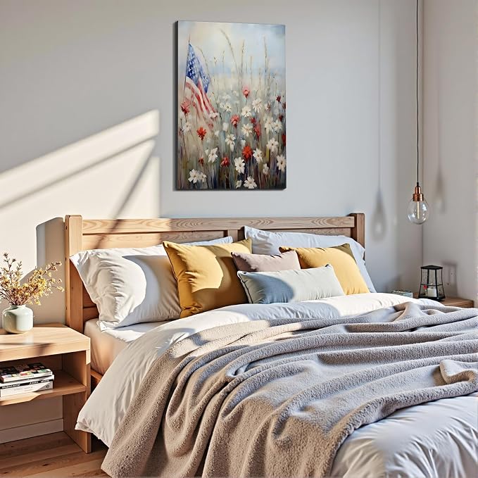 Framed American Flag Mason Jar Wall Art, Patriotic Farmhouse Canvas Art Pictures, USA Rustic Wall Decor, Made in USA Ready to Hang for Kitchen Dining Room