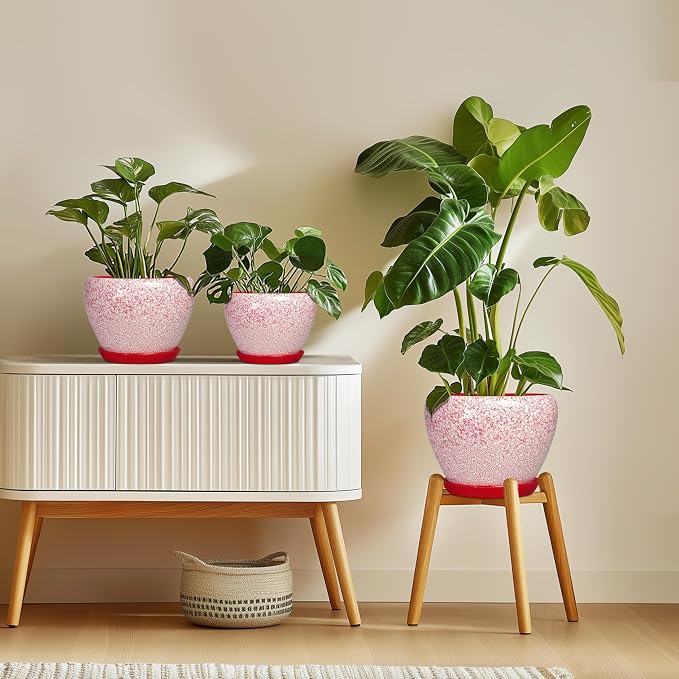 10 Inch Pots for Plants, Ceramic Planter Pots, Crackle Red | Decorative Planter with Drainage Hole and Saucer, Modern Flower Pot for Indoor Plants, House Decor, Plant Lover Gifts