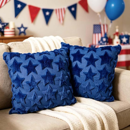 ONFAON 4th of July Pillow Covers 18x18 Set of 2 Blue Embroidery Star Independence Day Decorations Home of The Free Memorial Day Patriotic Throw Cushion Case for Home Sofa Couch
