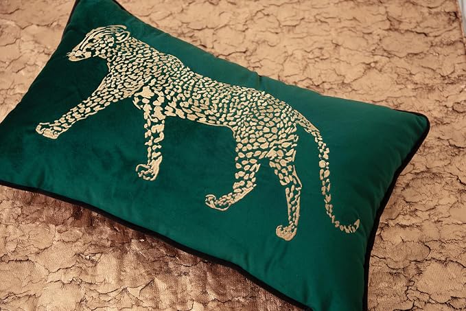 Green Velvet Leopard Embroidered Lumbar Pillow Cover 12x20 Inch