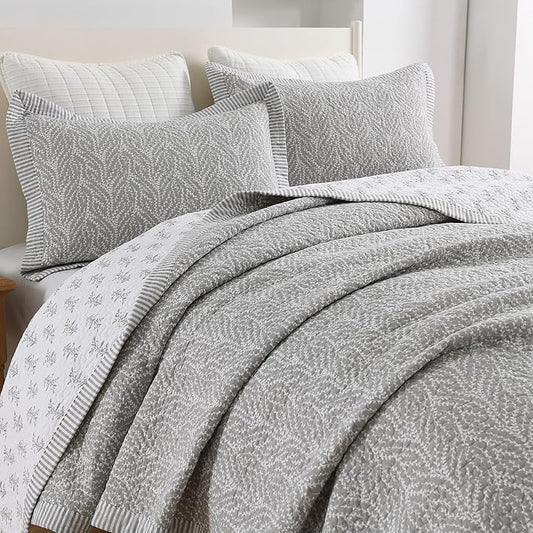 SahSahCasa Quilt Set King Size, 100% Cotton Quilt Bedding Set Bedspread, Botanical Pattern Solid Color Chic Lightweight Quilted Comforter for King Bed, White/Gray, All Season, 3 Pieces