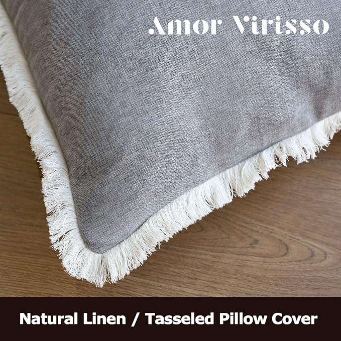 Amor Virisso Fringe Throw Pillow Covers 20x20 Set of 2 Boho Neutral Farmhouse Decorative Pillow Covers with Tassels for Couch Sofa Bed, Light Grey