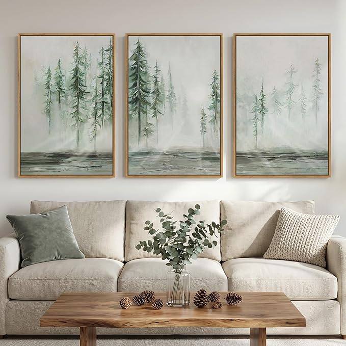 Framed Forest Tree Wall Art, 3 Piece Green Landscape Wall Decor, 24x36 Inch | Modern, Abstract, Large, Canvas artwork, Green, Pine tree picture, Bedroom art, Dining room decor, Ready to hang, Wood frame