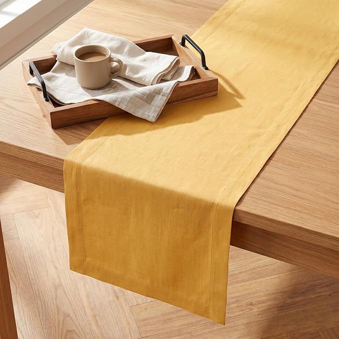 Solino Home 100% Pure Linen Dining Table Runner Yellow, Fete 14 x 144 in | dresses up dining tables for everyday meals, European flax fibres, handloomed texture, machine washable, OEKO-TEX Certified