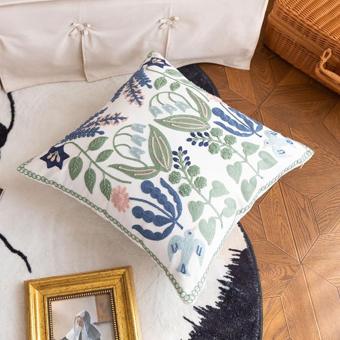 YIcabinet Pillow Covers Set of 2, Embroidered Branch Pattern Throw Pillow Cover,Square Cotton Cushion,Pillow Case for Sofa Bedroom Couch,18"x18"