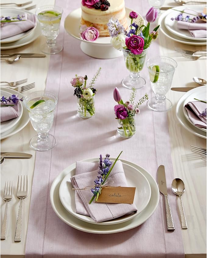 Solino Home 100% Linen Table Runner Lilac, Classic Hemstitch 14 x 108 in | styles dining tables for meals and celebrations, hemstitched border, mitered corners, easy to care for, OEKO-TEX Certified