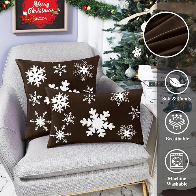 BRAWARM Christmas Pillow Cover 18 X 18 Inches, Coffee Snowflake Embroidered Pillow Cover, Soft Velvet Decorative Throw Pillow for Couch Bed Sofa Living Room Home