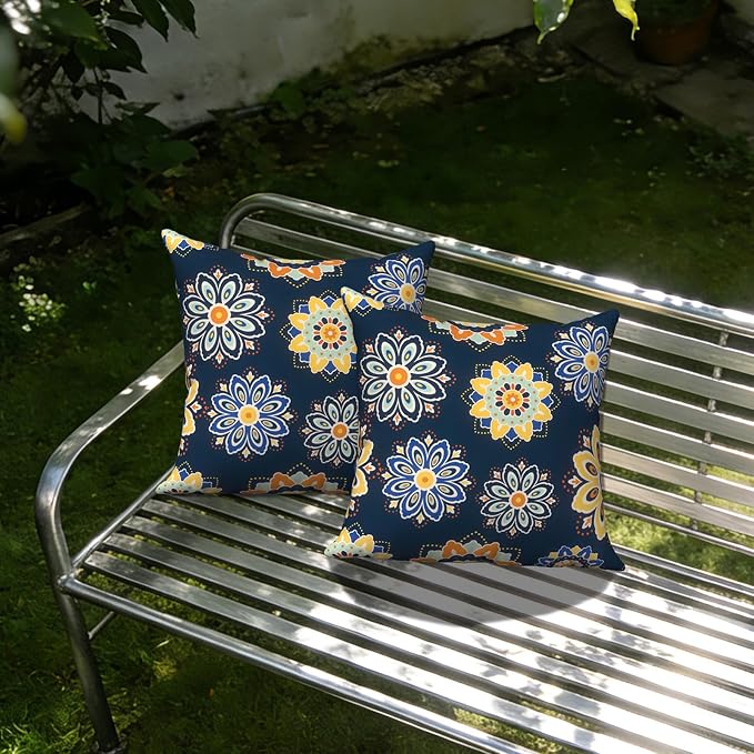 Outdoor Throw Pillow Covers 18x18 Inch, Decorative Pillow Covers for Patio Furniture, Bloom Medallion‌Cobalt Modern Cushion Cases for Garden Couch Home Sofa, Pack of 2