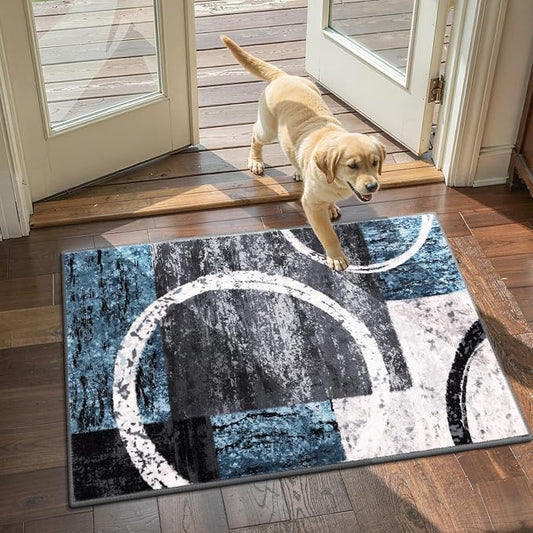 Yamaziot 2x3 Washable Modern Abstract Area Rug Non-Slip Entryway Rug | Stain Resistant Kitchen Rug with Rubber Backing, Low Pile, Ultra Soft Carpet Rug for Bedroom, Laundry, Entryway, Blue